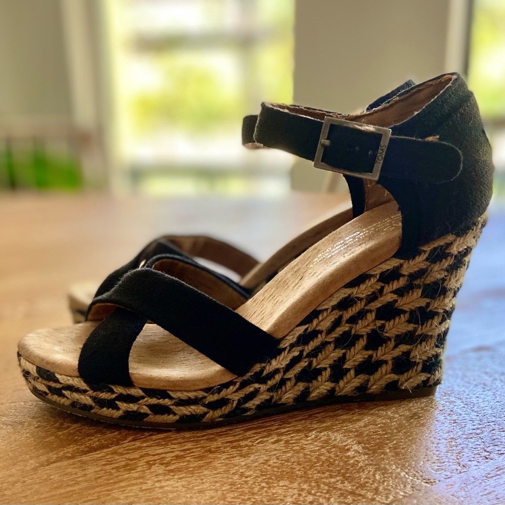 Toms Black Natural Espadrilles Wedge Sandals Platform 6.5